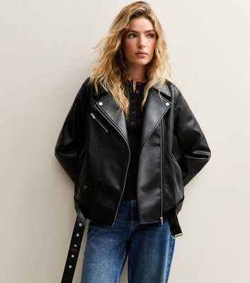 Black Faux Leather Textured Oversized Biker Jacket