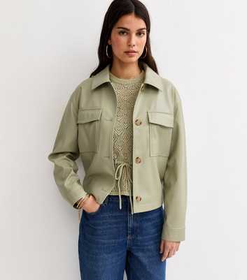 Light Khaki Faux Leather Flap Pocket Shacket