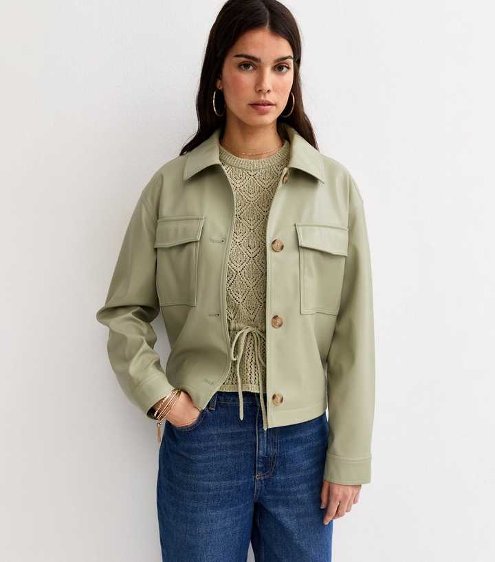 Light Khaki Faux Leather Flap Pocket Shacket
