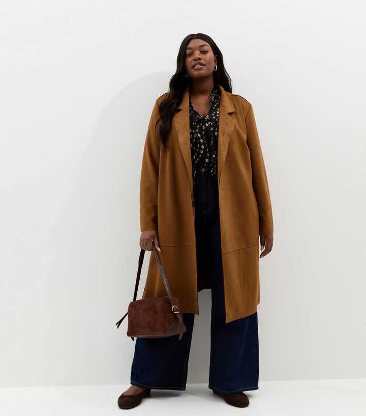 Curves Tan Faux Suede Wrap Coat