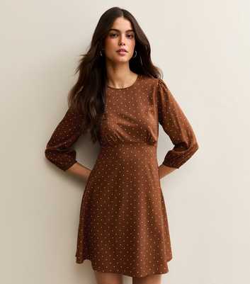 Brown Polka Dot Cropped Sleeve Mini Dress