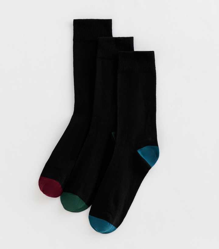 Mens Pack of 3 Black Contrast Toe and Heel Ankle Socks