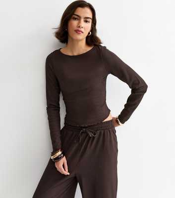 Dark Brown Crinkled Long Sleeve Top