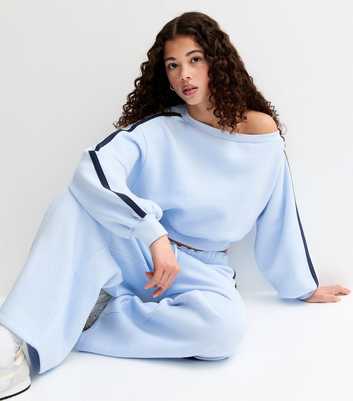 Girls Light Blue Off The Shoulder Side Stripe Sweatshirt