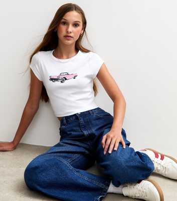 Girls White Retro Car Print T-Shirt