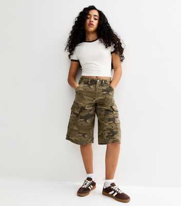 Girls Khaki Camouflage Print Longline Jorts