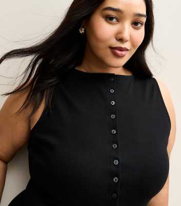 Curves Black Button Through Ribbed Tank Top