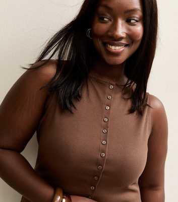 Curves Dark Brown Button Through Ribbed Tank Top