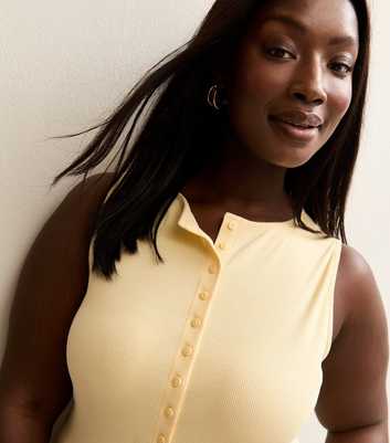 Curves Light Yellow Button Through Ribbed Tank Top