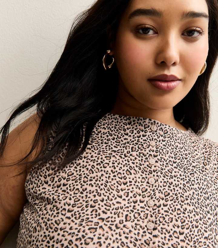 Curves Brown Leopard Print Button Through Ribbed Tank Top