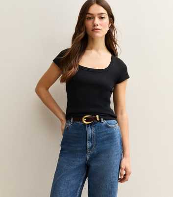 Petite Black Ribbed Square Neck Top