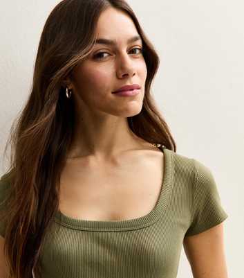 Petite Mid Green Ribbed Square Neck Top