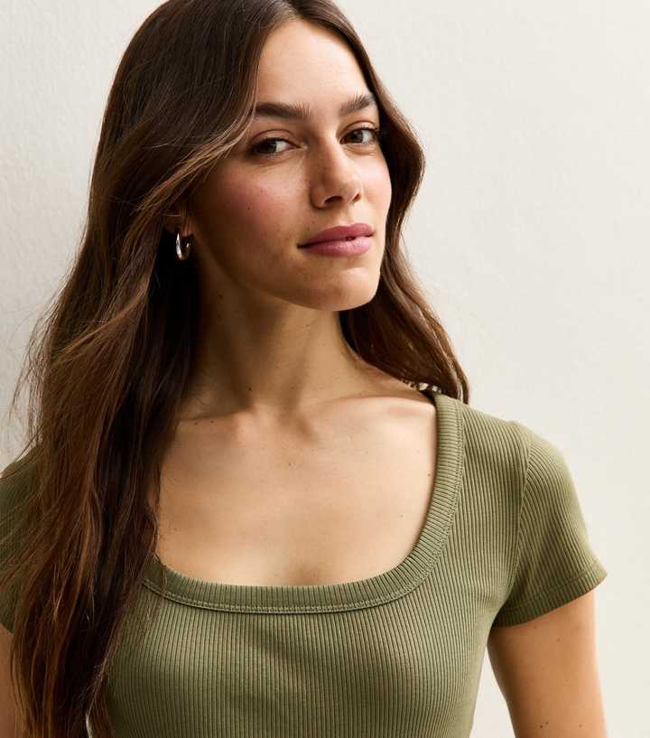 Petite Mid Green Ribbed Square Neck Top | New Look