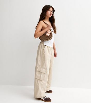 Girls Stone Cargo Pocket Parachute Trousers