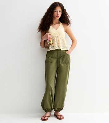 Girls Dark Khaki Oversized Parachute Trousers