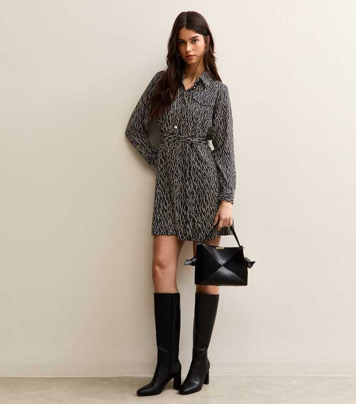 Black Squiggle Print Mini Shirt Dress