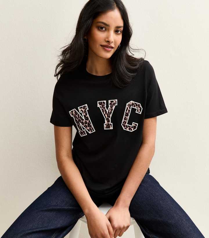 Black Leopard Print NYC Slogan T-Shirt