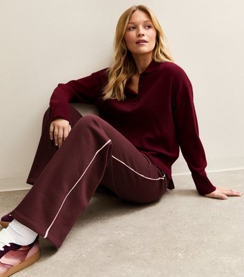 Dark Burgundy Side Stripe Wide Leg Joggers