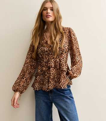 Brown Animal Print V Neck Chiffon Tea Blouse