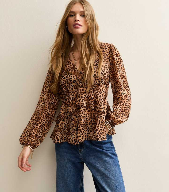 Brown Animal Print V Neck Chiffon Tea Blouse
