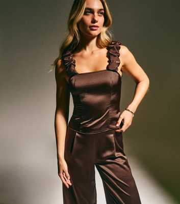 Mid Brown Satin Ruched Strap Cami