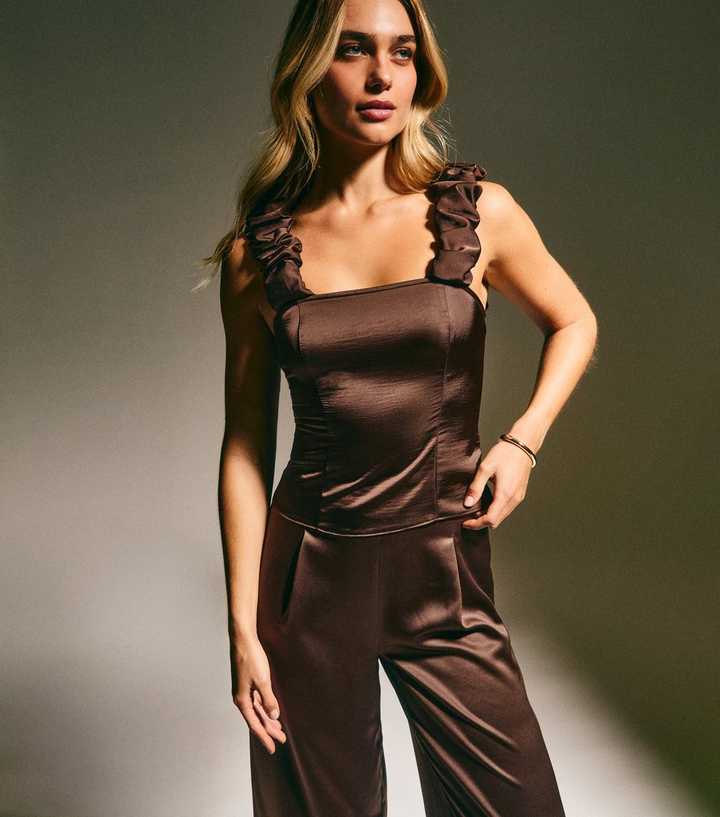 Mid Brown Satin Ruched Strap Cami