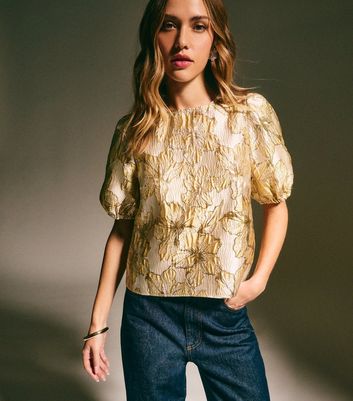 Gold Floral Jacquard Short Sleeve Top New Look - Main Image