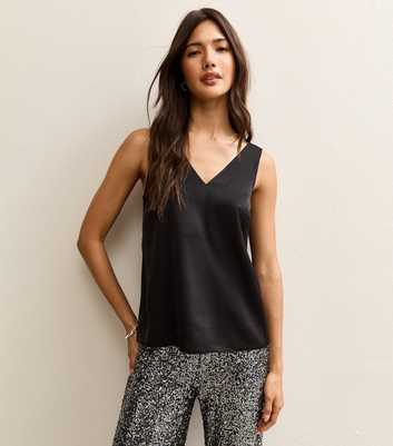 Black Satin V-Neck Top