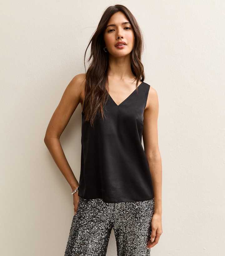Black Satin V-Neck Top