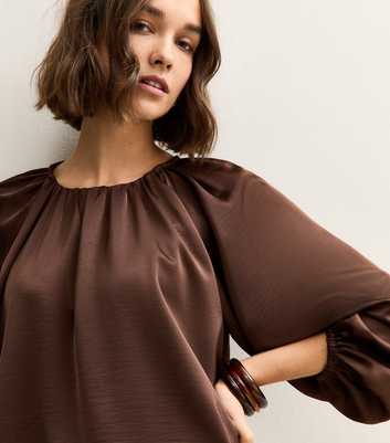 Brown Satin Gathered Crop Sleeve Blouse