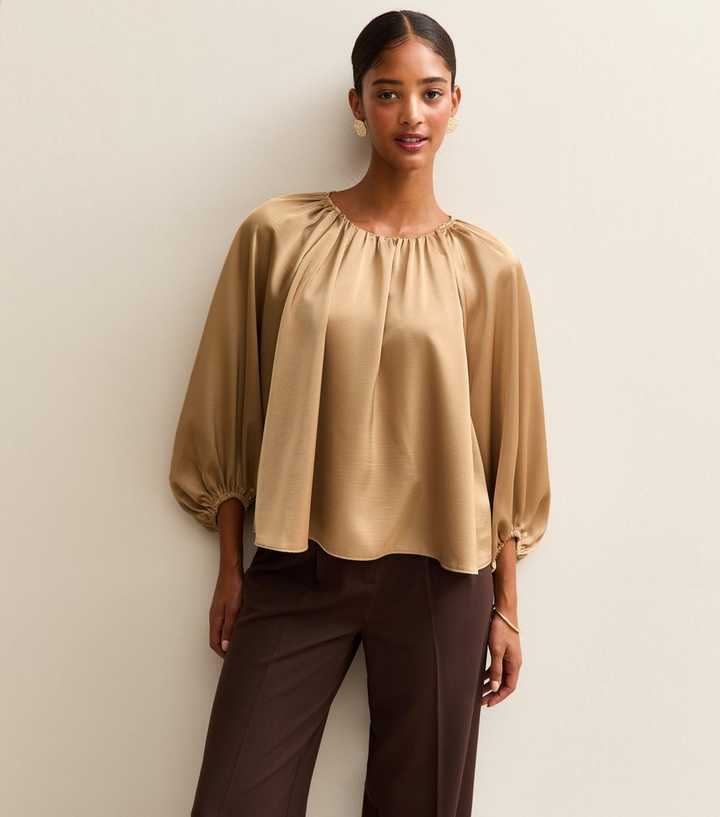 Gold Satin Gathered Crop Sleeve Blouse
