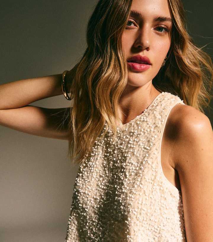 Cream Sequin Sleeveless Top