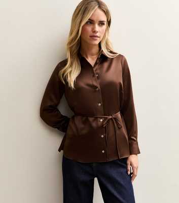 Petite Brown Satin Skinny Belted Shirt