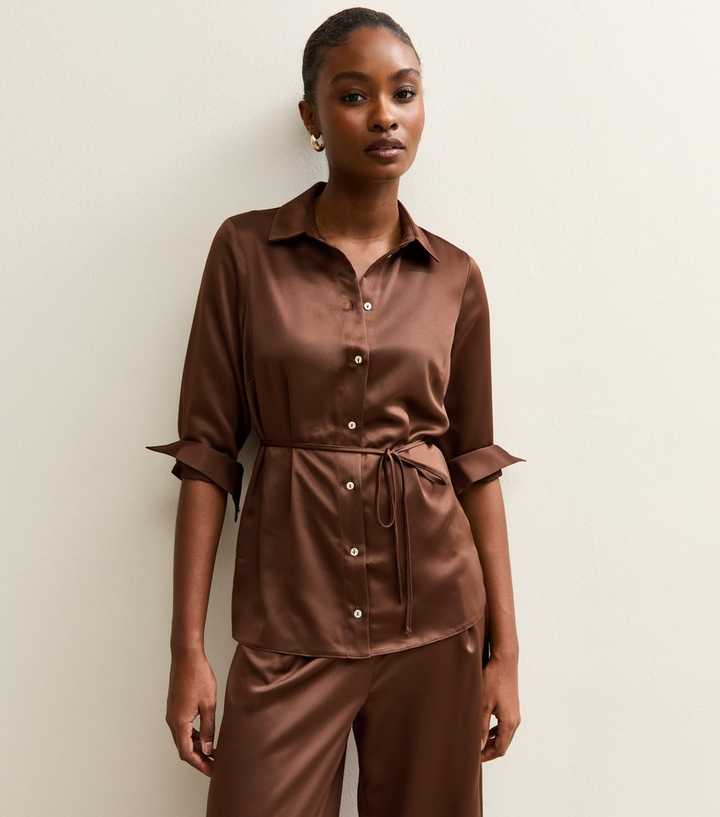 Mid Brown Satin Belted Shirt