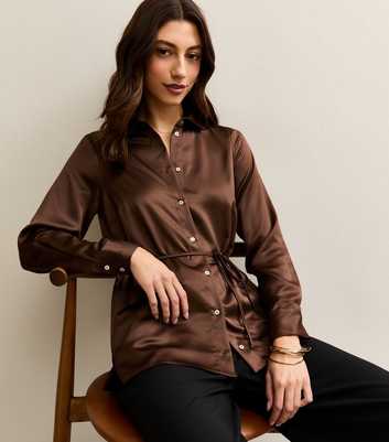 Tall Brown Satin Skinny Belted Shirt