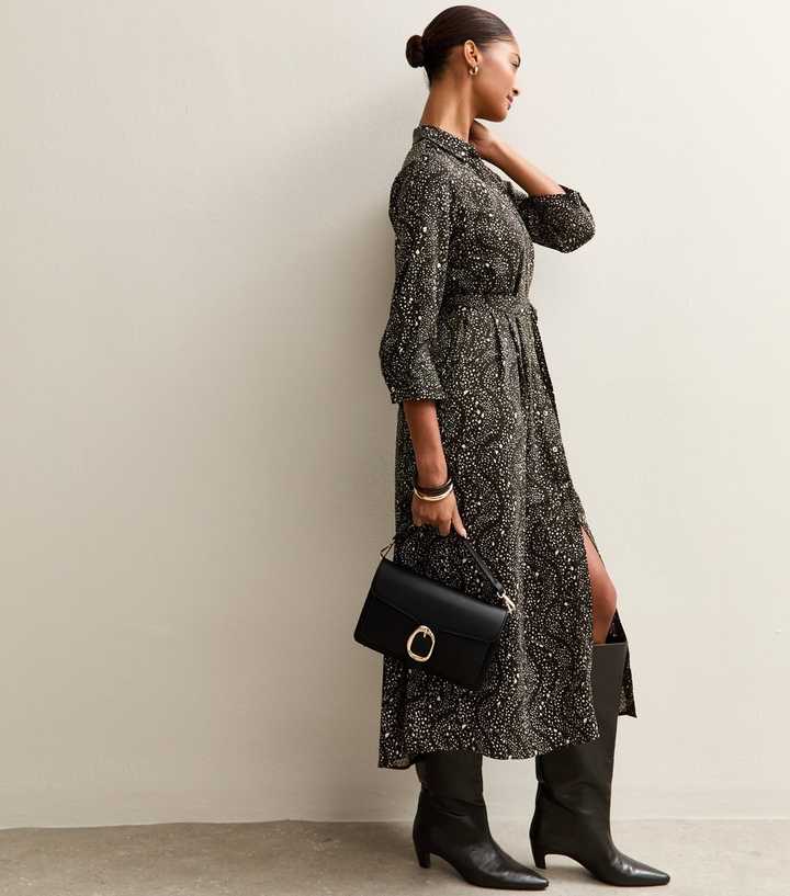 Green Patterned Belted Shirt Dress