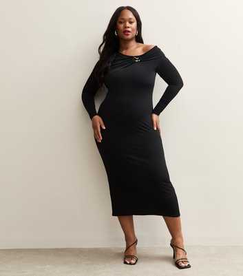 Curve Black Fallen Shoulder Midi Dress