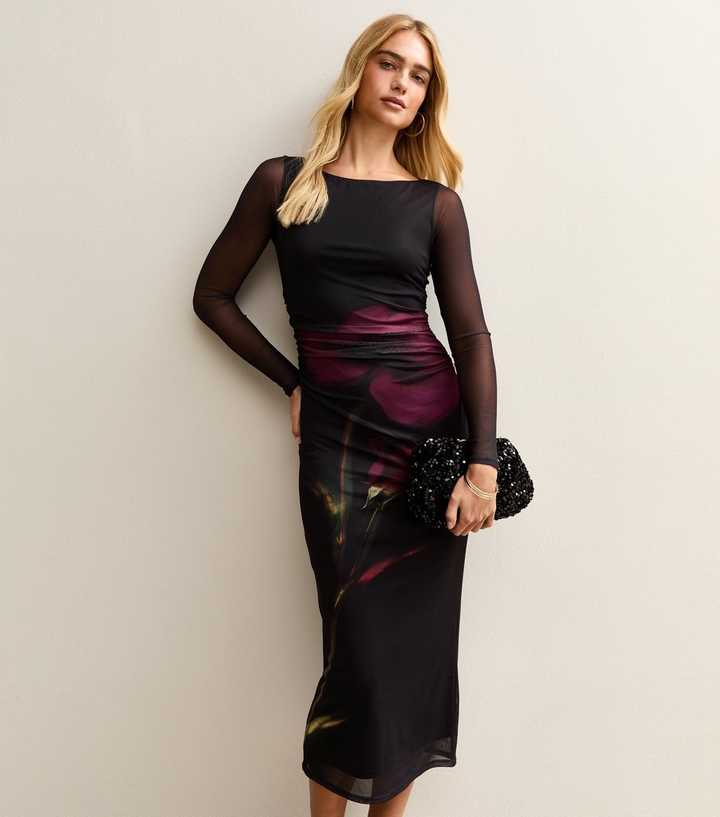 Black Flower Ruched Mesh Midi Dress
