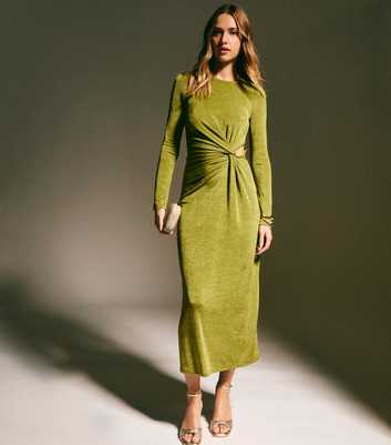 Light Khaki Side Knot Ruched Long Sleeve Midi Dress