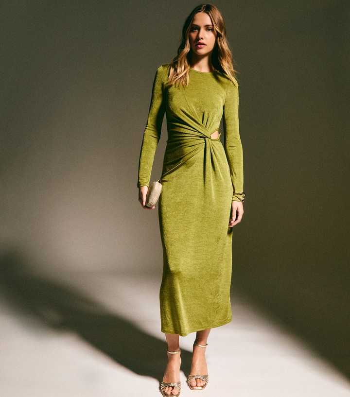 Light Khaki Side Knot Ruched Long Sleeve Midi Dress