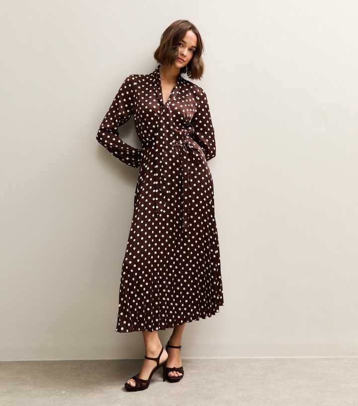 Dark Brown Polka Dot Pleated Long Sleeve Midi Dress