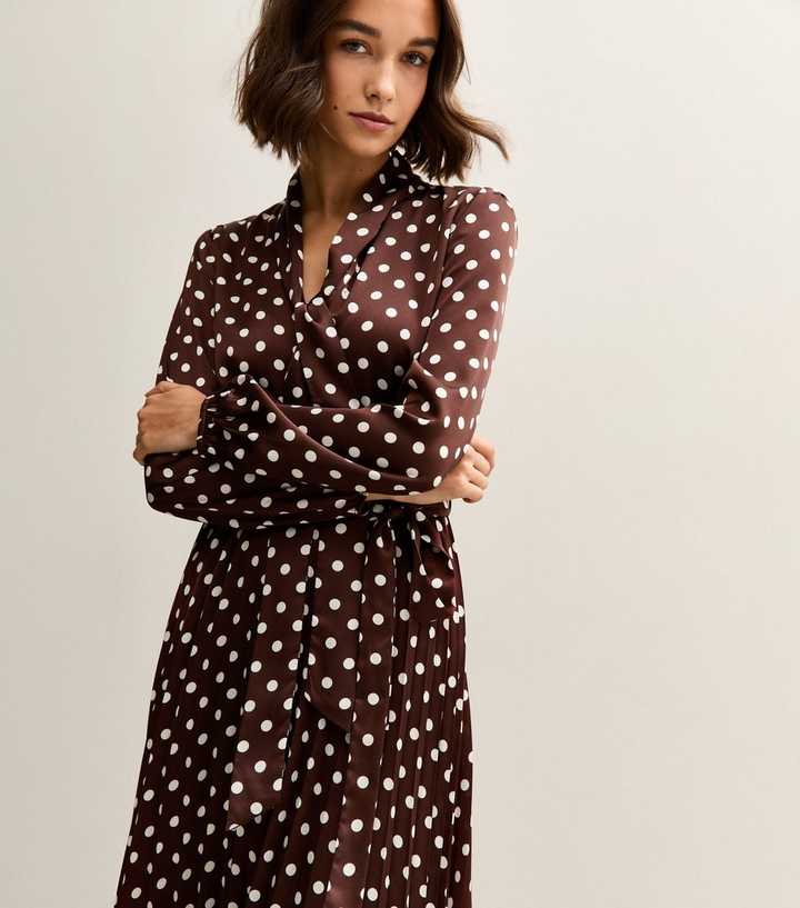 Dark Brown Polka Dot Pleated Long Sleeve Midi Dress