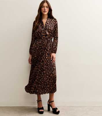 Dark Brown Animal Print Pleated Long Sleeve Midi Dress
