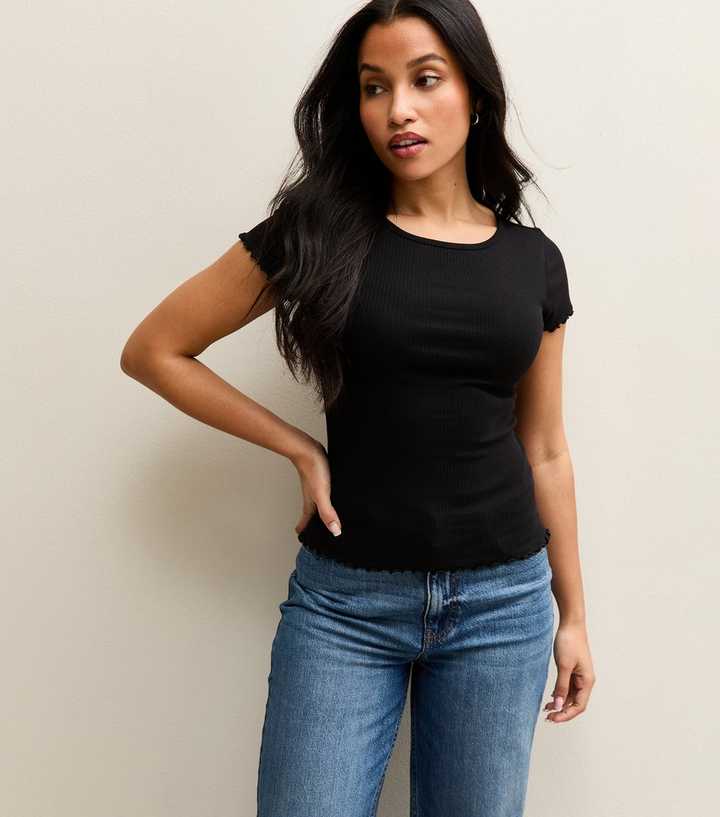 Petite Black Ribbed Babylock Tee