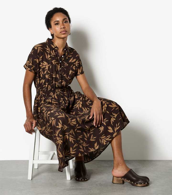 Apricot Brown Leaf Shirt Midi Dress