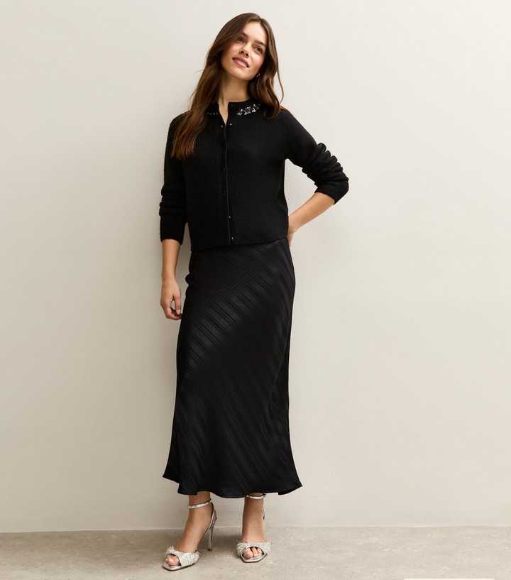 Petite Black Striped Satin Bias Cut Midi Skirt