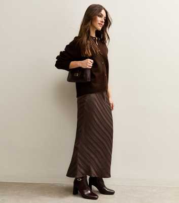 Petite Dark Brown Striped Satin Bias Cut Midi Skirt