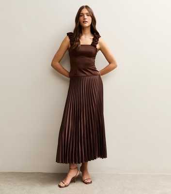 Dark Brown Satin Pleated Midi Skirt