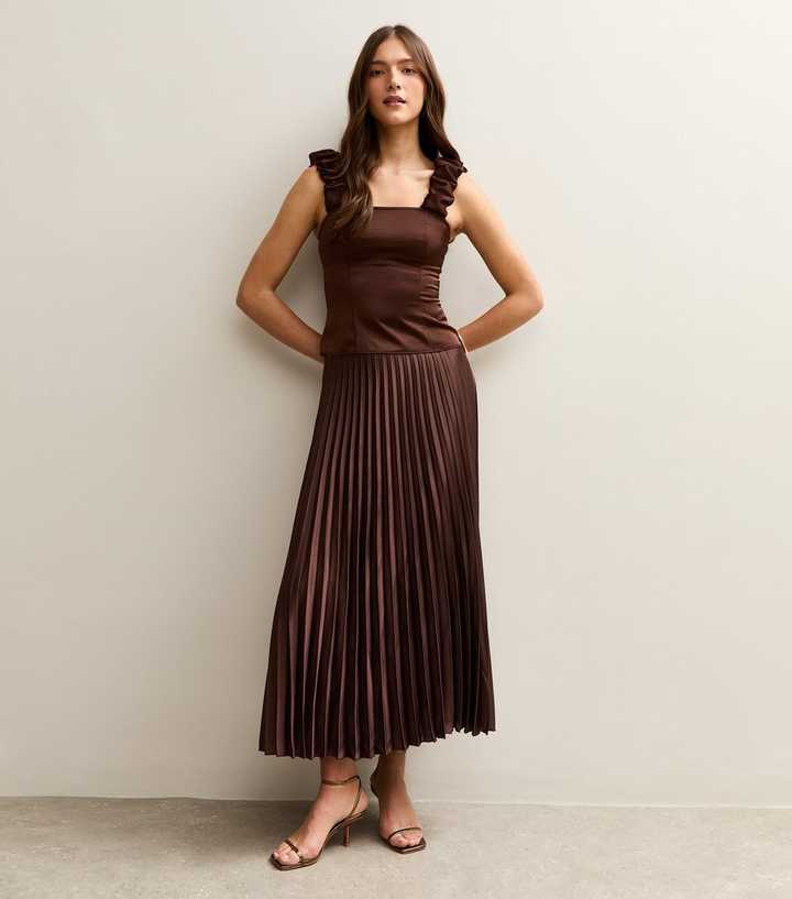 Dark Brown Satin Pleated Midi Skirt
