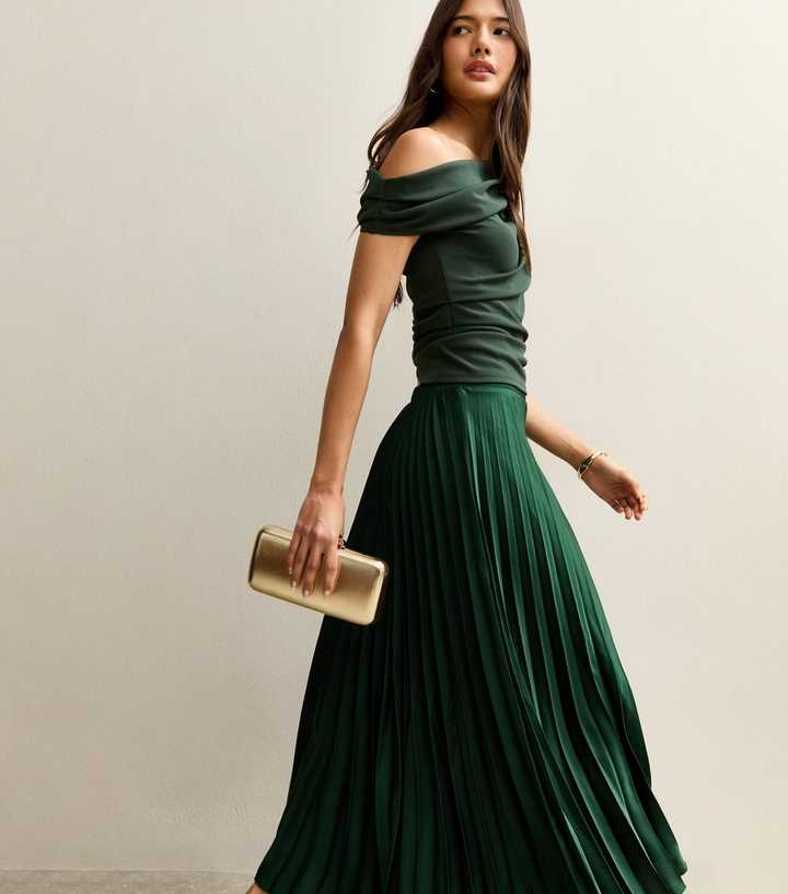 Dark Green Satin Pleated Midi Skirt